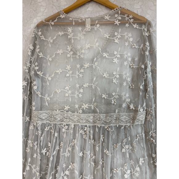 Sundance Platinum Gray Sheer Embroidered Floral Lace Peasant Dress Cottage 12 - Picture 10 of 13